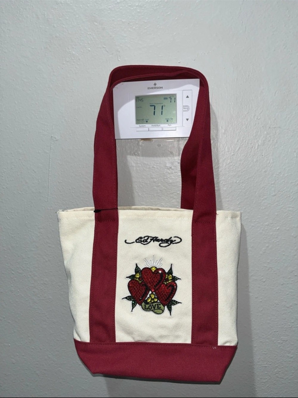 Ed Hardy Cream and Burgundy Canvas Tote with Embroidered Heart Motif